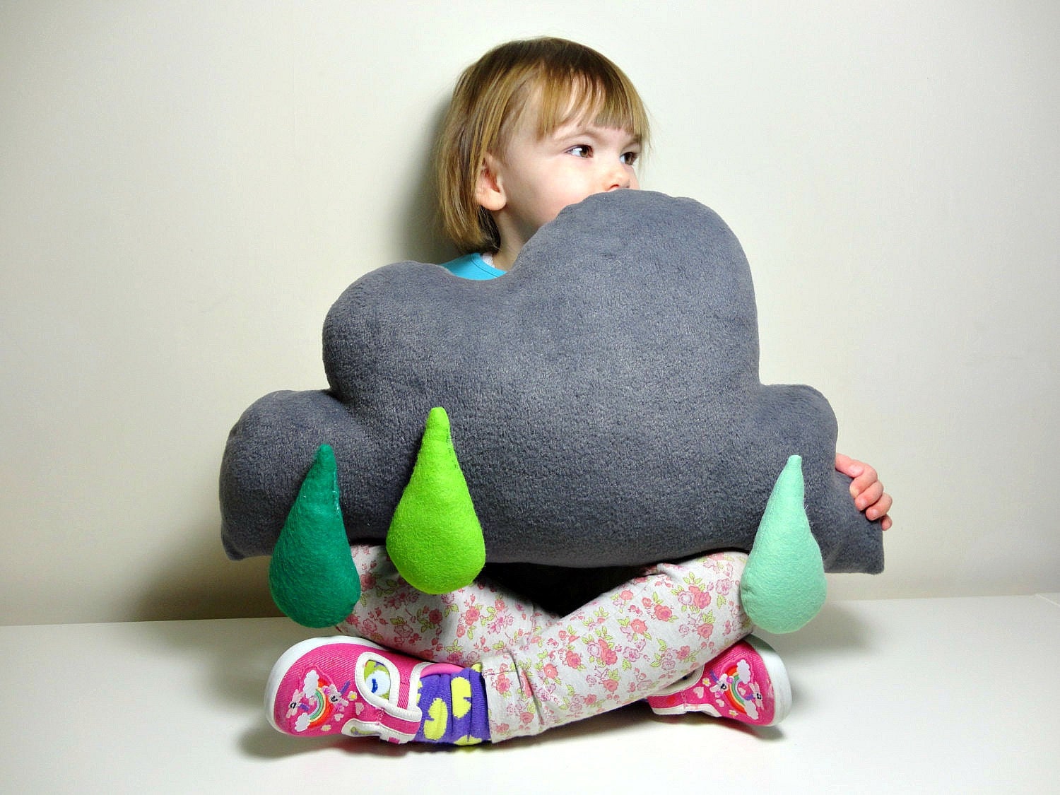 CLOUD PILLOW Cushion with Different Shades of Greens RAINDROPS - Cloud Elephant Grey Coloured Lovely Soft & Fluffy Fleece