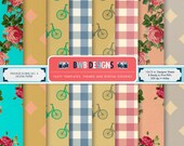 Picnic Theme Vintage Floral Digital Paper 8 Pack for Collage and Scrapbooking