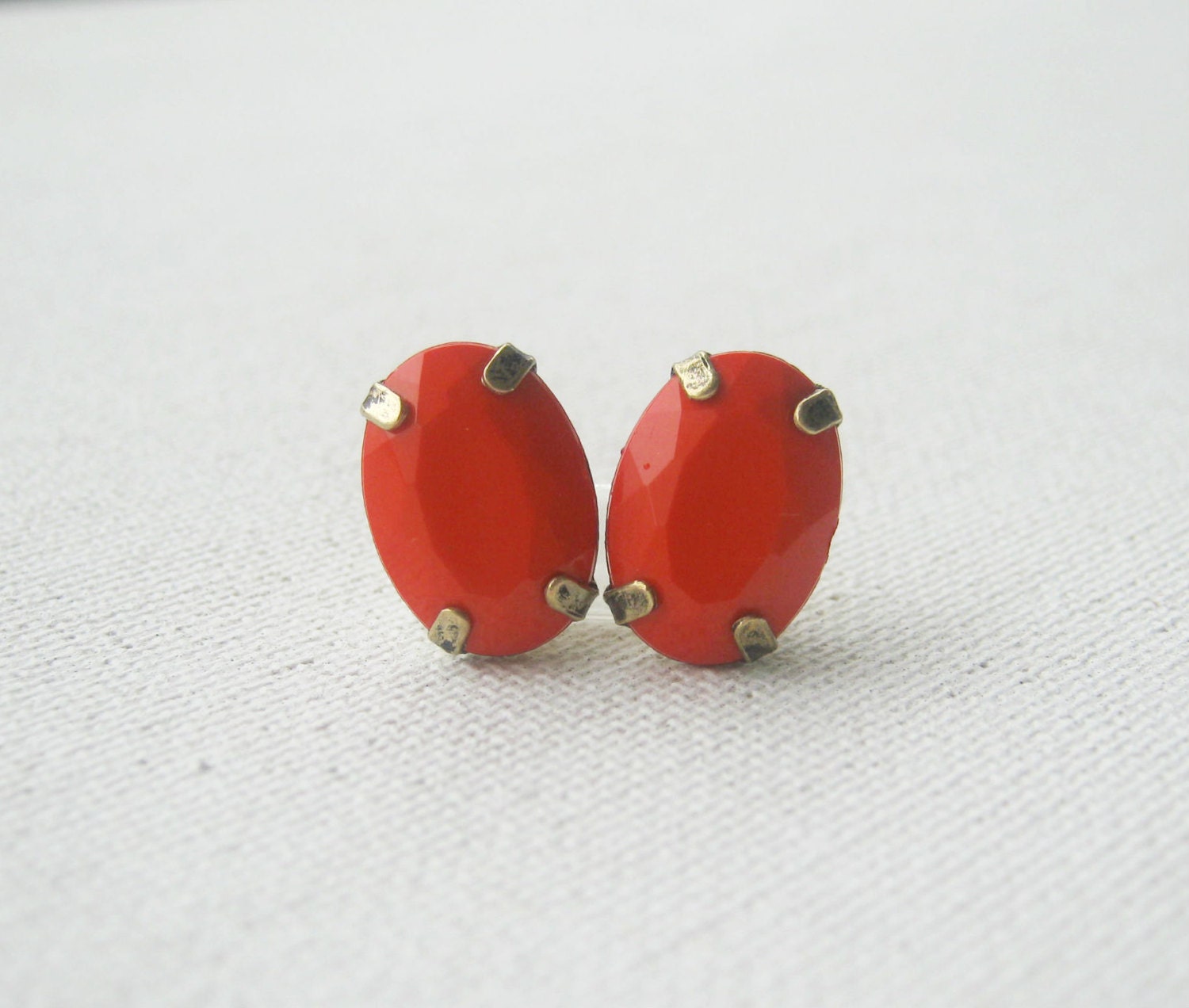 Antique Brass Orange Stud Earrings