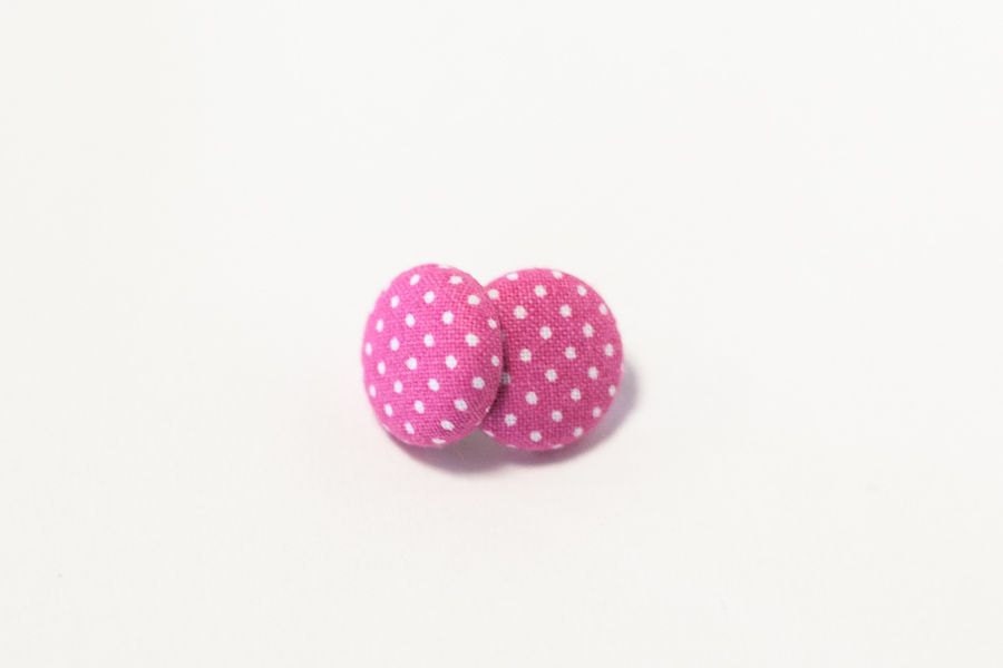 Dark Pink Polka Dot Fabric Button Earrings-Made to Order