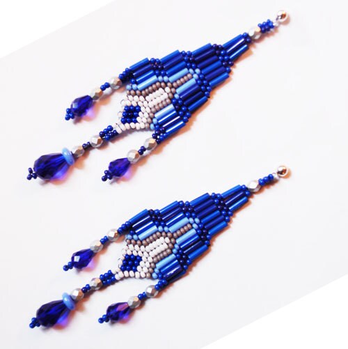 Blue Geometric Beaded Earrings - Brick Stitch Bohemian Glass Crystal Drop Neo Tribal