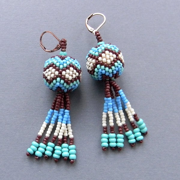 Ethnic Seed Bead Earrings - beaded earrings - brown, turquoise, blue and cream