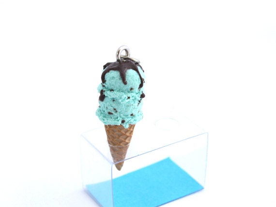 Mint & Chocolate Chip Ice Cream - Handmade Polymer Clay Pendant