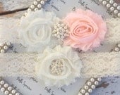 Peach Wedding Garter - Peach and Ivory Bridal Garter and Toss Garter - Ivory Stretch Lace