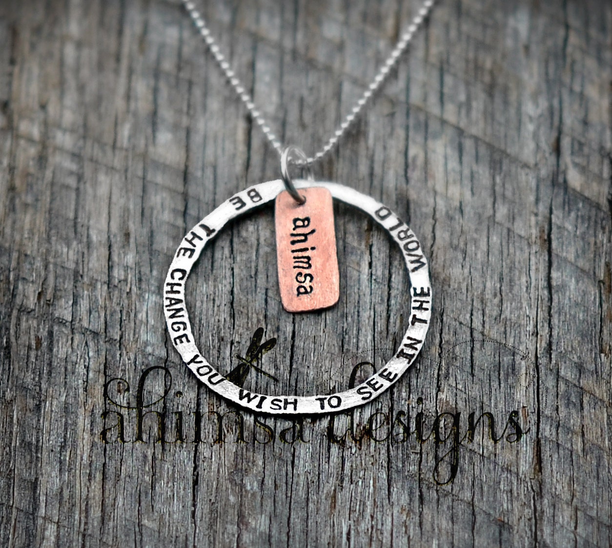 Earth Day: Be The Change Unisex Necklace Pure Silver Copper Mixed Metal Earth Friendly Eco Conscious Ahimsa