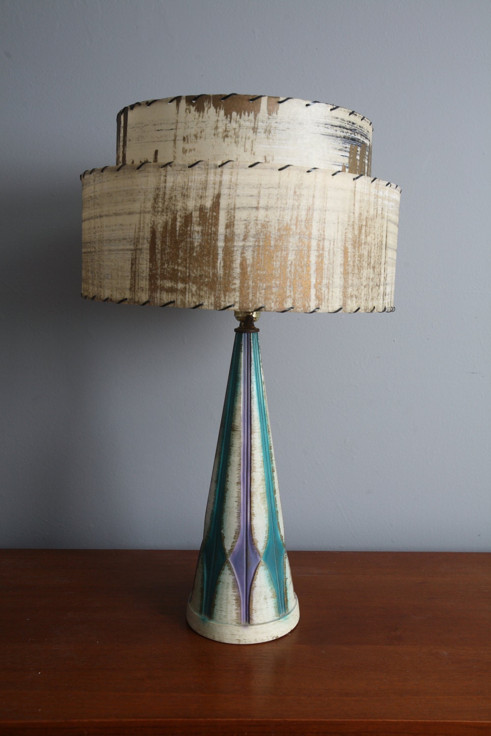 Teal and Purple Atomic Ceramic Lamp with Fiberglass Shade Mid Century Modern