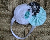 White, Black, and Aqua Fabric Flower Headband - Handmade Hair Accessories