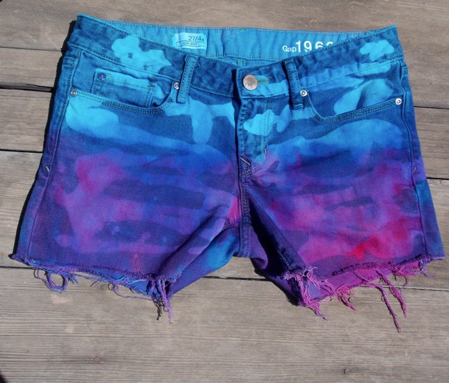 Turquoise, Pink, and Purple Dyed Denim Shorts