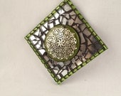 Circle Gets The Square// 3" square Mixed media mosaic magnet with clear iridescent stained glass pieces over mirror, green acrylic circle w