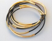 6 LEATHER Bangle DOUBLE Tube Bracelet - BLACK Leather Stack Bracelet - Gold / Silver / Antiqued Gold Tube - Lead Free Indian Leather