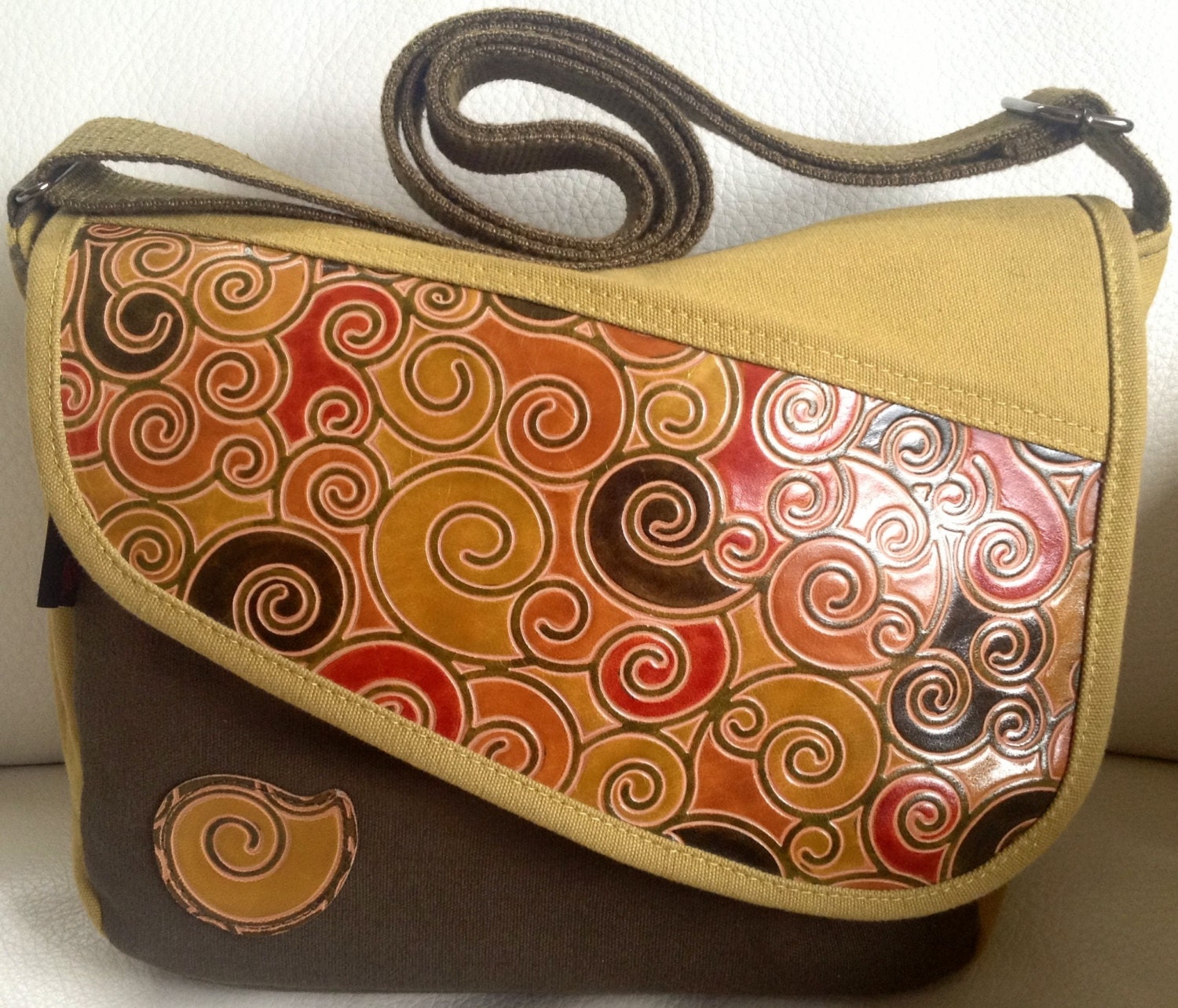 Artsy Unique Guava Olive Green Messenger Bag Crossbody Canvas and Genuine Leather Green Red Colorful Motifs.