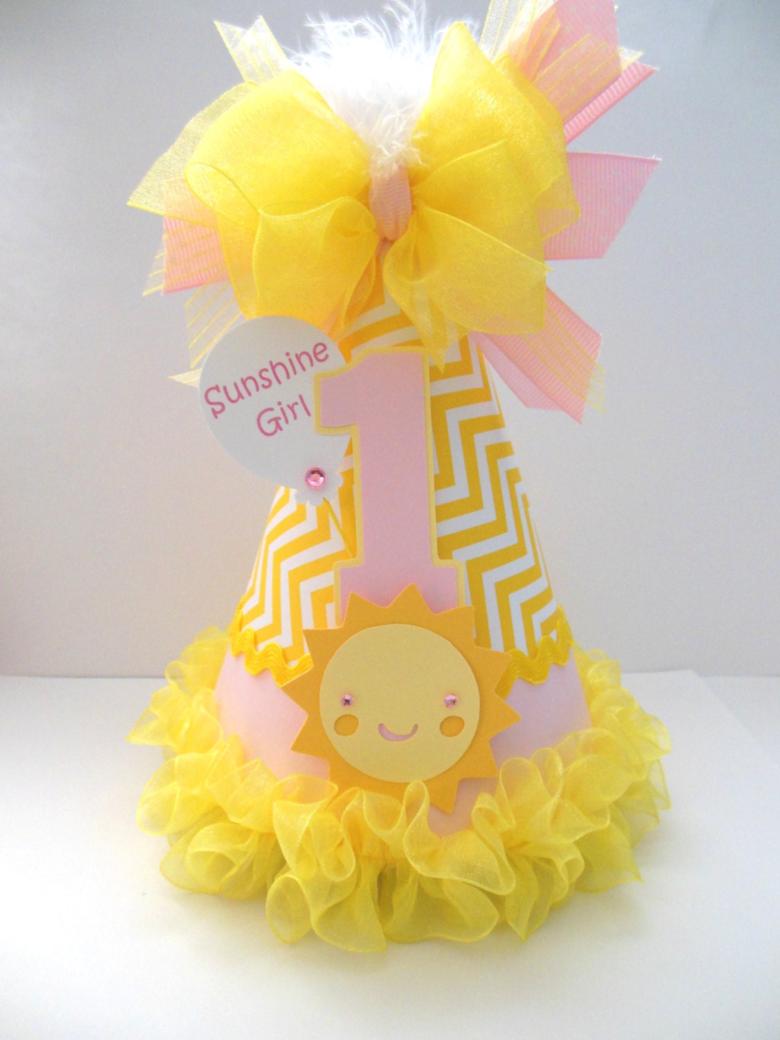 Light Pink Sunshine Girl - Light Pink and Yellow Chevron - You Are My Sunshine Birthday Party Hat - Personalized Il_170x135