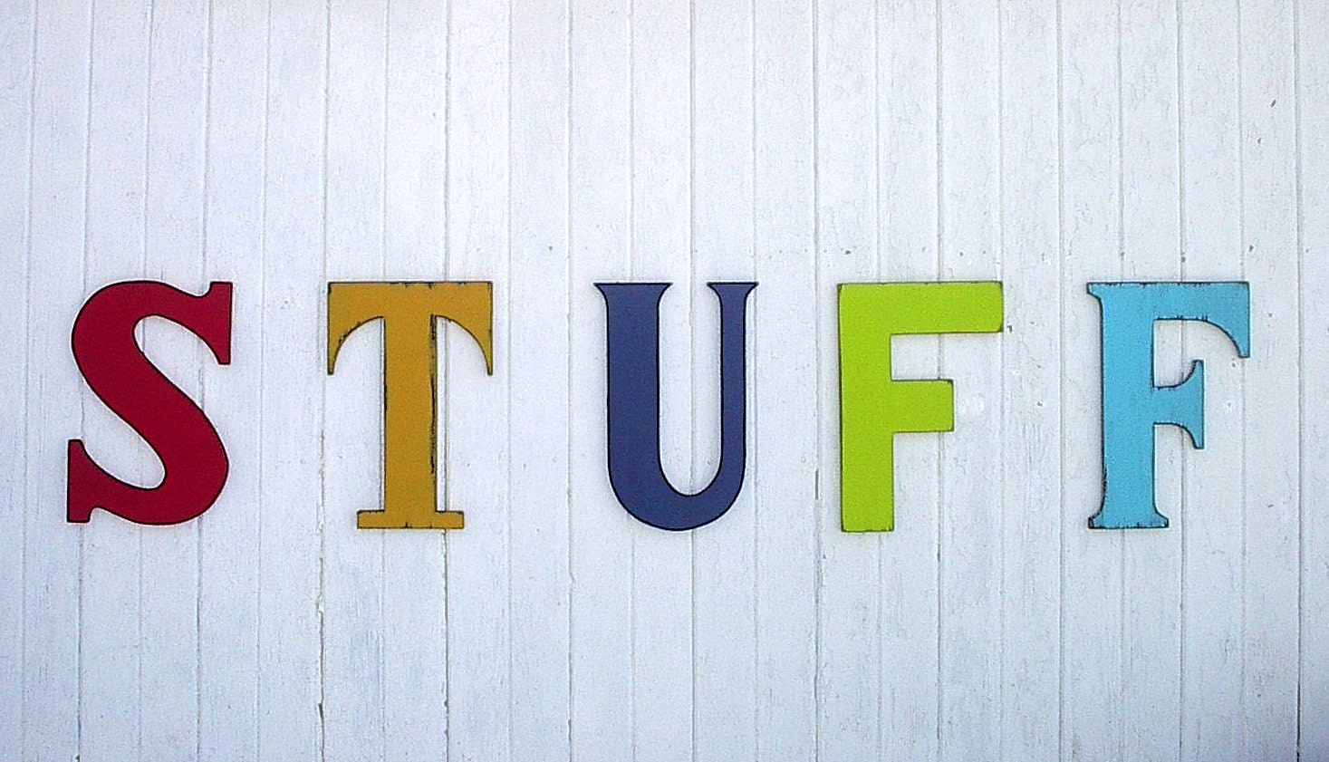 Distressed Word Art Sign Wooden Letters STUFF Multicolored 18 inch Rustic Cottage Cabin Deco Distressed