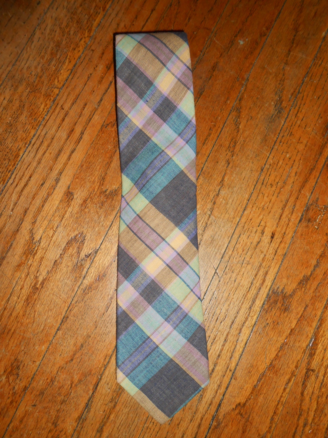 REDWOOD & ROSS brand madras plaid vintage men's tie cotton pink aqua yellow