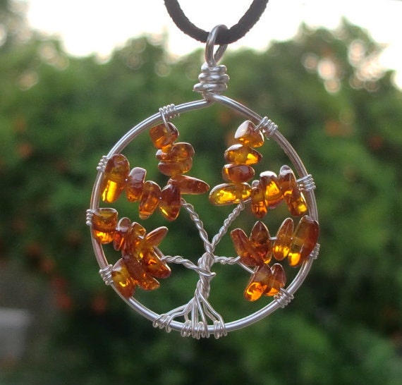 Sterling Silver Tree of Life Pendant - Baltic Amber Chips - Autumn Tree of Life