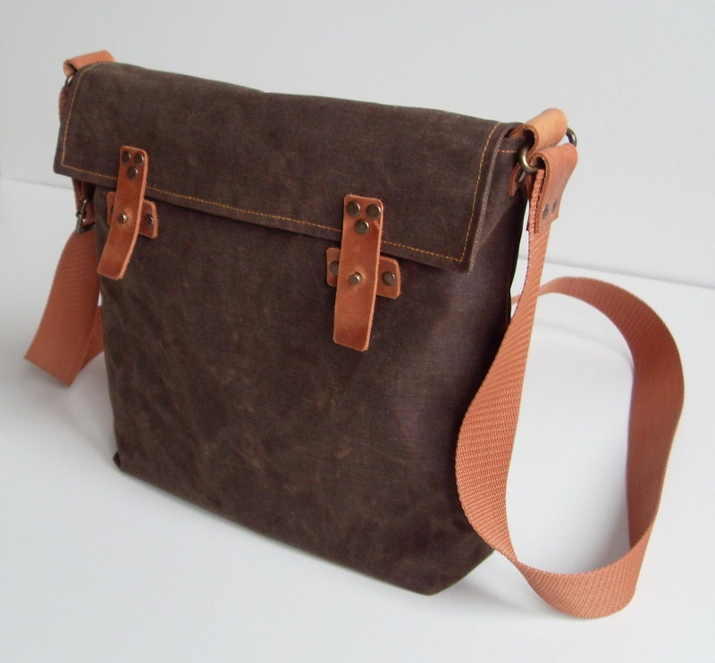 Waxed canvas Messenger Bag/Schoulder Bag/ I pad bag with  brown leather /for Women&Men/Brown