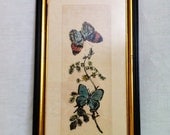 On Sale Vintage teal blue lavender butterfly watercolor ink framed and signed by artist Fleck Bros