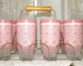 Atomic Pink Beverage Glasses with Carrier. Set of 8. Spring Tea, Party, Shower, Porch.
