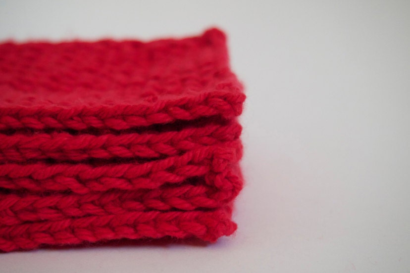 hand knit bright red cotton face scrubbies, set of 5