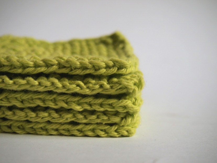 hand knit bright lime green face scrubbies, set of 5