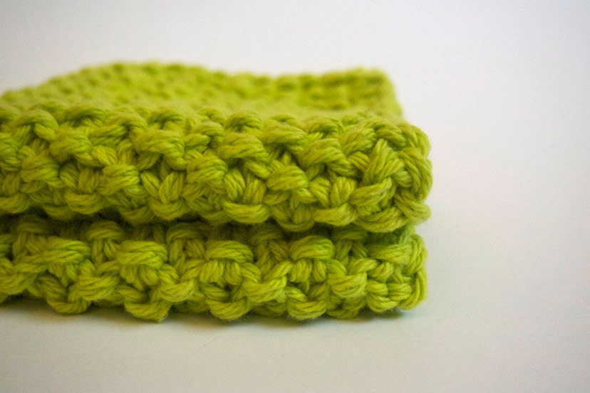 hand knit plushy cotton washcloth in bright lime green