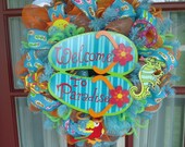 Orange Lime Green Turquoise Flip Flop Summer Deco Mesh Door Wreath