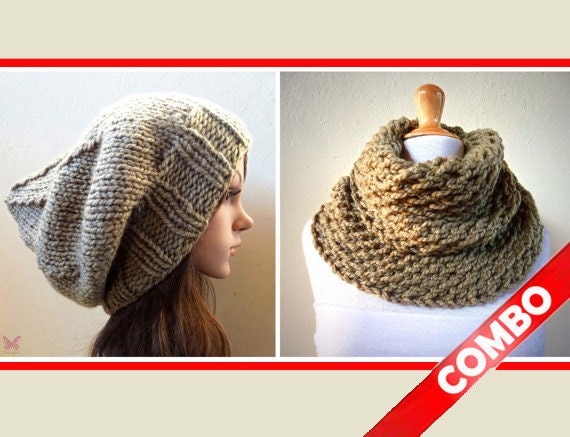COMBO - KHAKI GREEN Slouchy Beanie hat with Infinity scarf/Cowl - crochet - womens Winter accessories - Wool Woolen