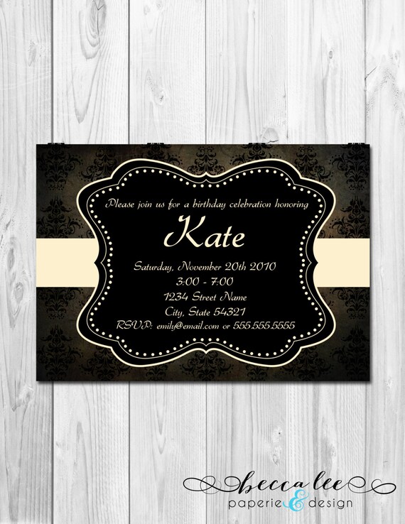 Birthday Party Invitation Distressed Damask - Black & Cream - DIY - Printable Il_570xn
