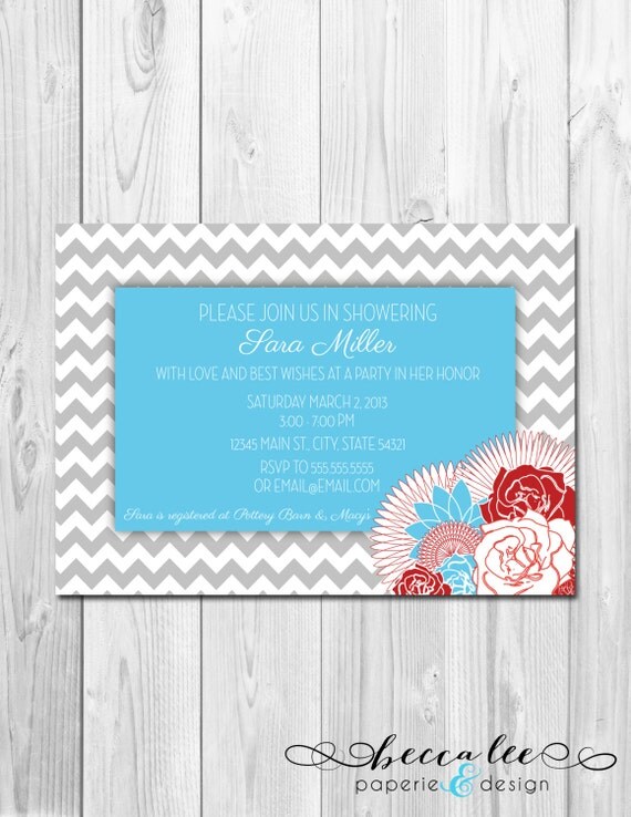 Bridal Shower Invitation Chevron Stripes & Floral - Blue, Red, Grey - DIY - Printable Il_570xn