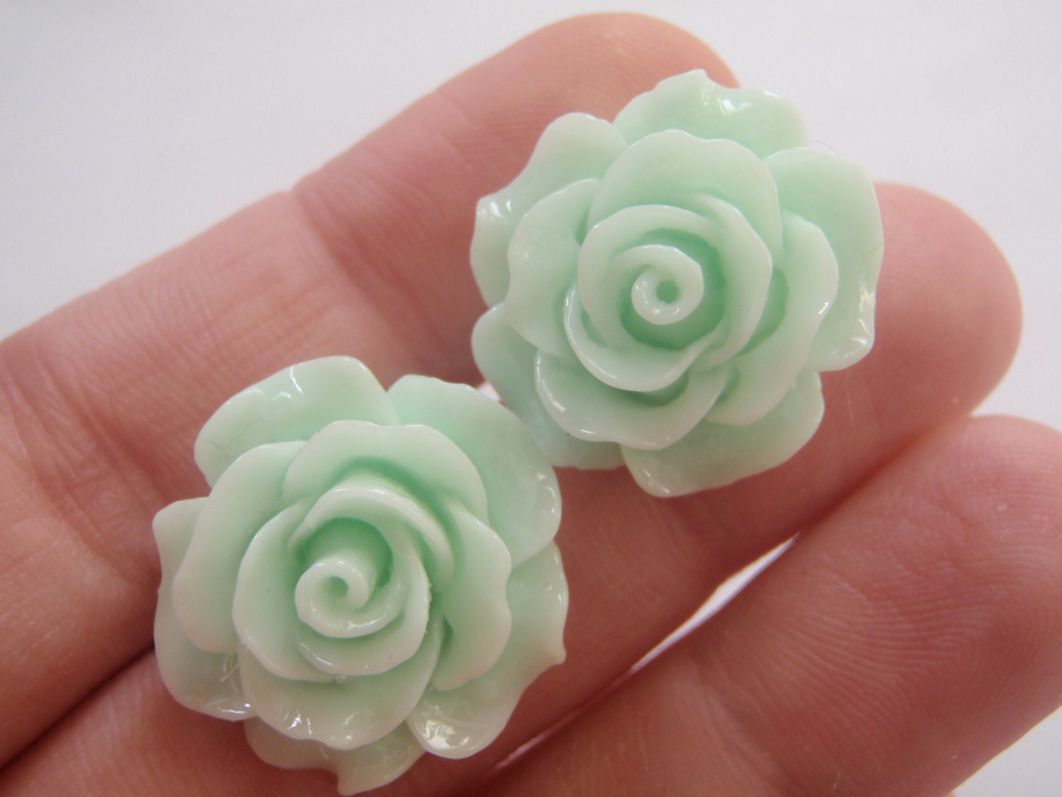 Large Mint Green Rose Earrings - Mint Flower Studs