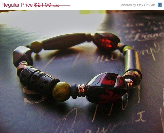BirthdaySale Mens Ethnic Beaded Bracelet-Blackstone-Stretch-Tribal