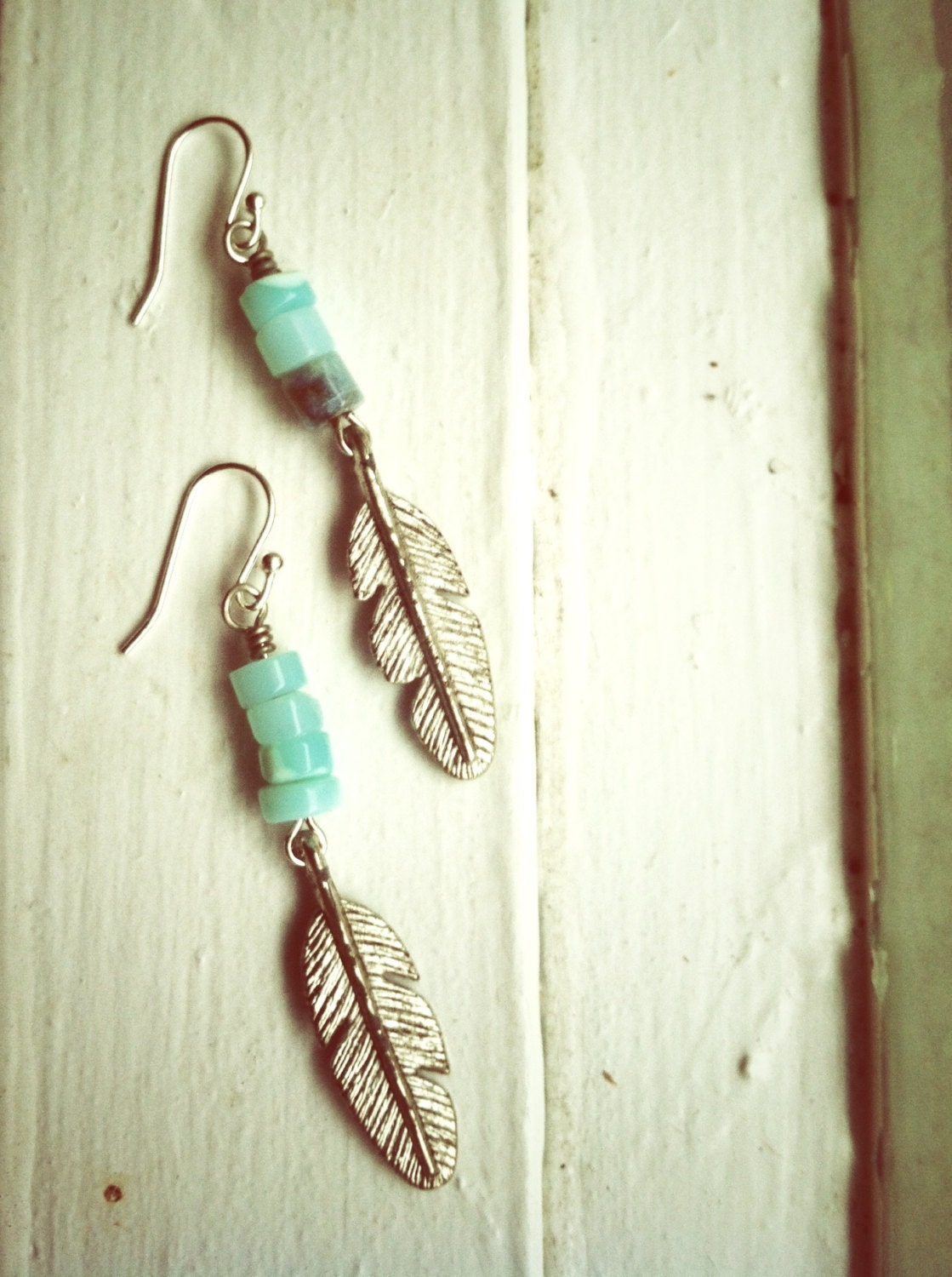 10% OFF- blue opal and silver feathers earrings