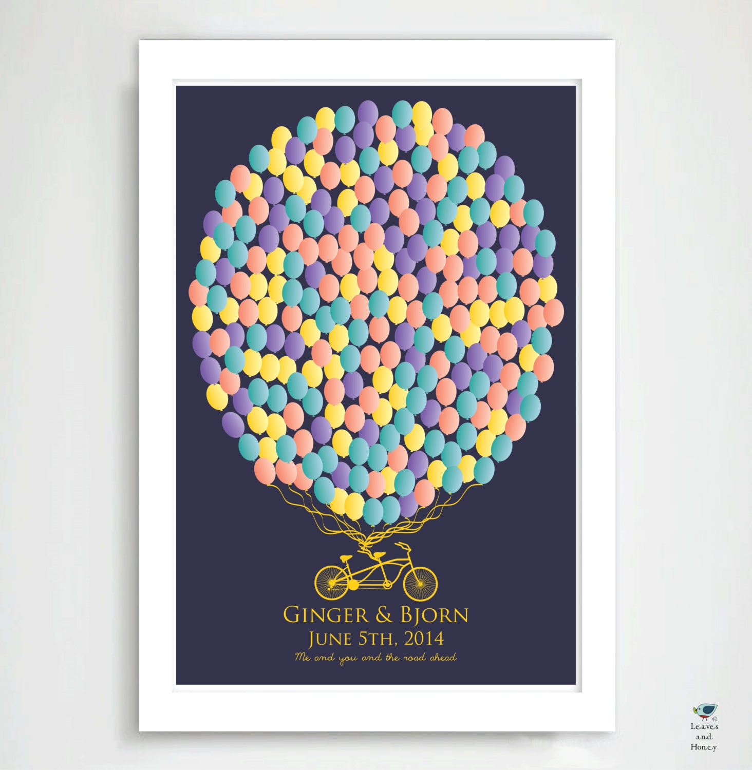 Summer Signature Wedding GuestBook / Balloons & Tandem Bicycle Guest Book Print  / Modern Bridal or Wedding Gift / 24x36 250 Guest