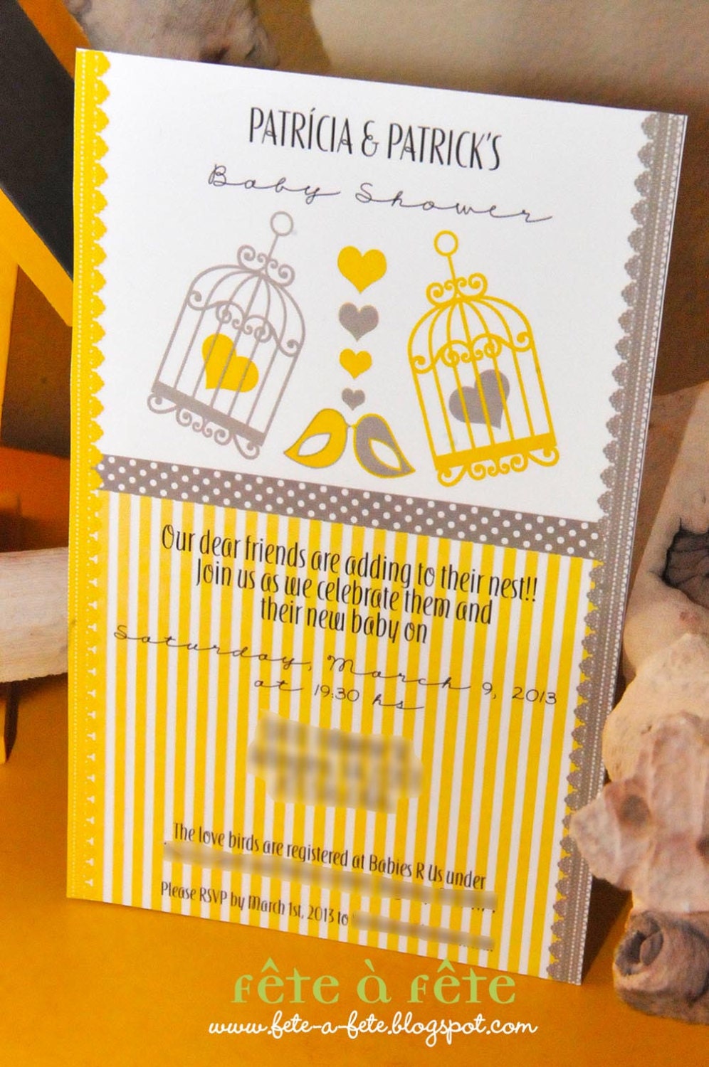 Love "Nesting Birds"  Gender Neutral Yellow & Grey Baby Shower PRINTABLE Invitation (4"x7", 10x18cm)