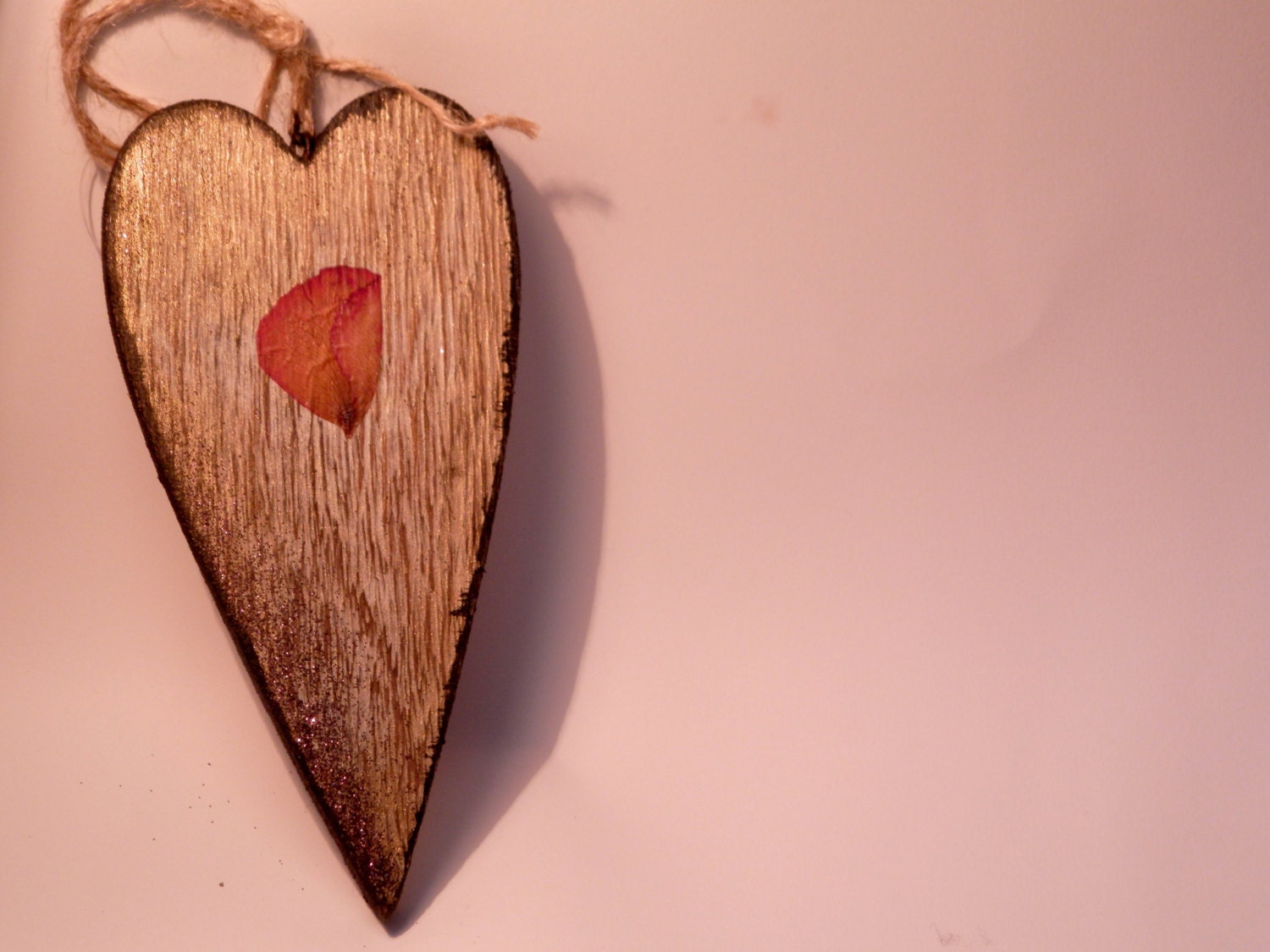 Wooden Heart Real Red Rose Petal. Shabby Chic Heart on a string Valentine Gift Love Token Romantic keepsake orniment