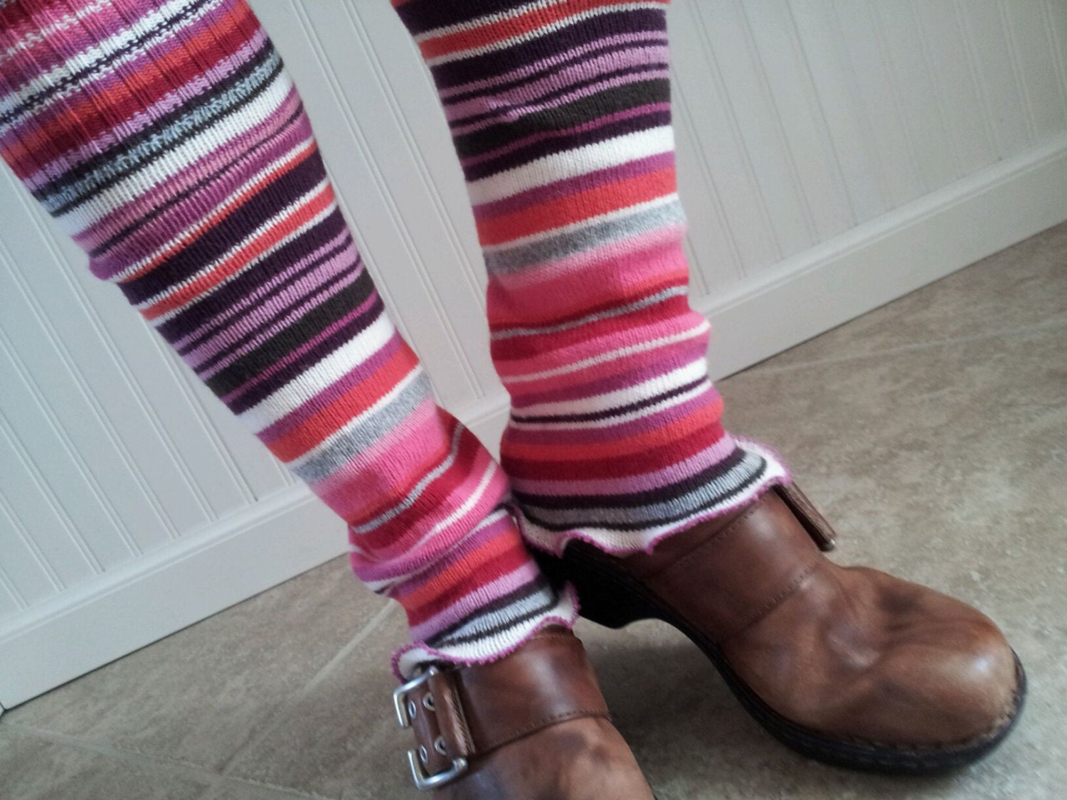 OOAK Eco-Friendly, Soft Colorful Stripe Spats Red Pink Purple Orange Gray Leg Warmers Recycled, UpCycled, Chic Sweater Boot Socks Cuffs