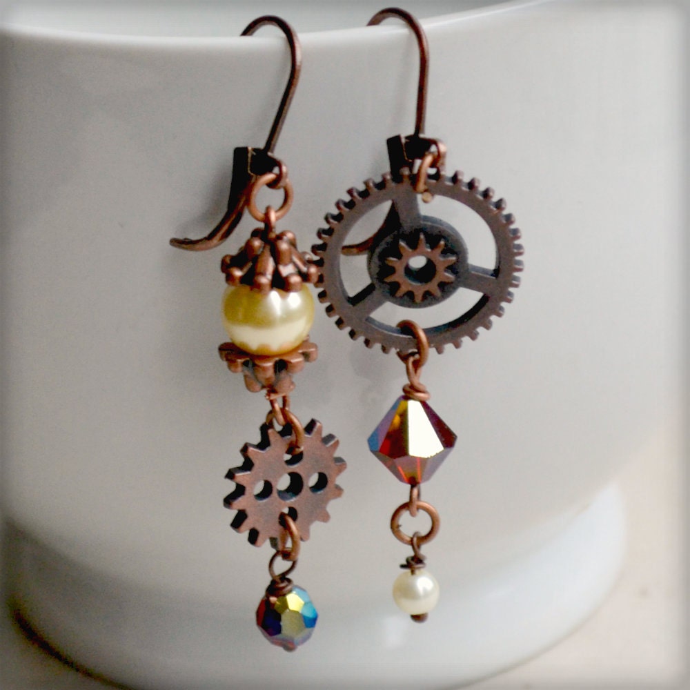 Steampunk Gothic Crystal Copper Filigree Gear Earrings/ Terzi