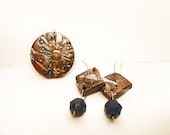 Blue and Gold colors, handmade ooak Polymer clay pendant and earrings set, one of a kind jewelry, stone look