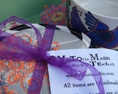 Set of 6 Sky Blue Handmade Linen Coasters with Orange & Blue Embroidery Detail Houseware Kitchen Placemats