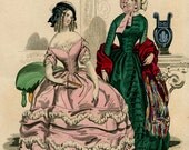 Victorian Fashion Plate Hand Coloured Bookplate Color Vintage Print Circa 1800 Hats Dresses Costumes Le Bon Ton French