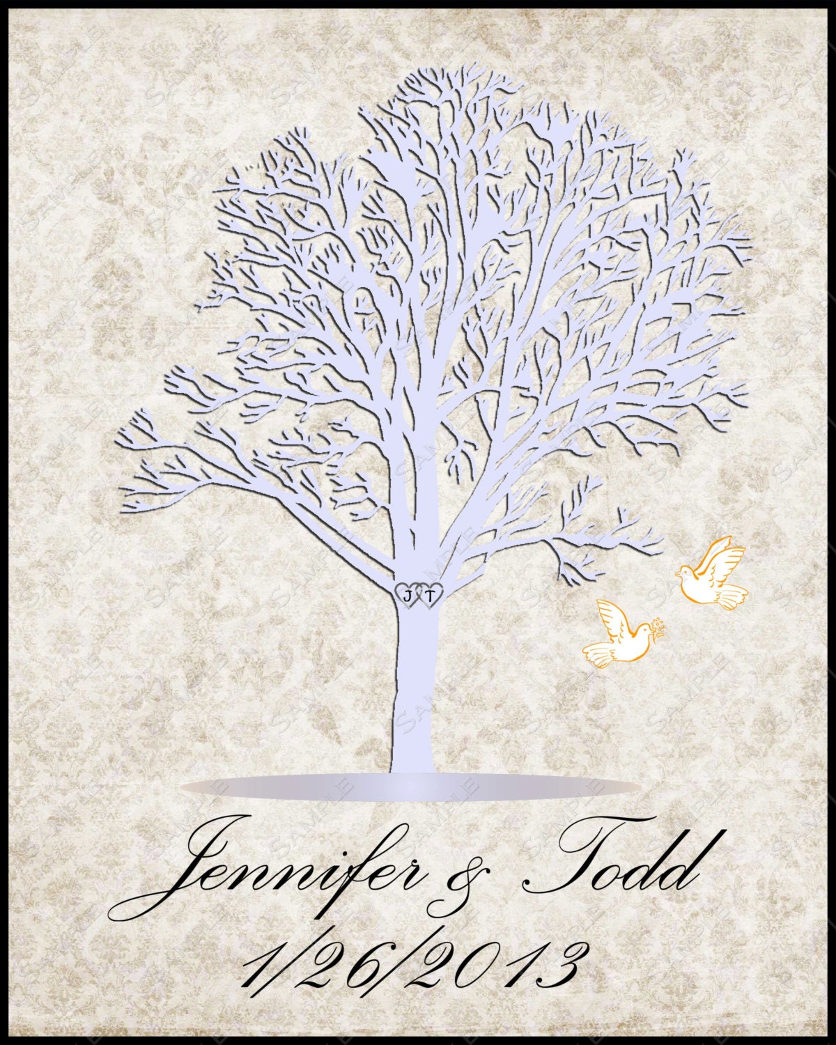 Lavender Wedding Tree Gift Custom Print with Hearts & Love Birds