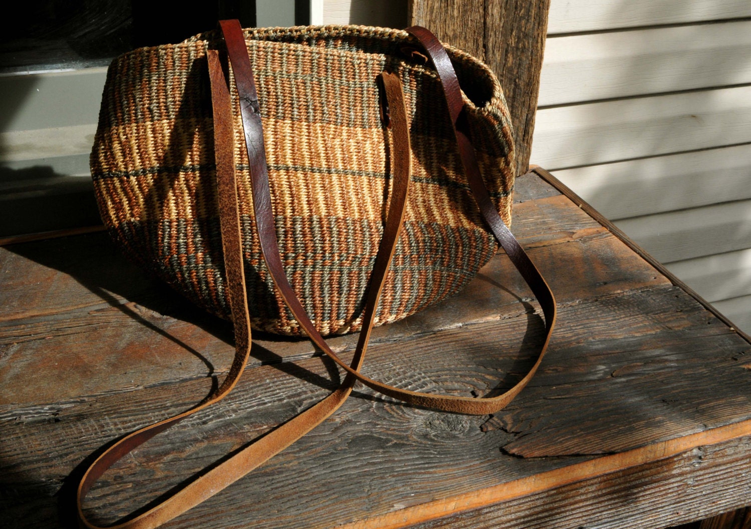 Vintage Jute and Leather Cross body Market Bag, Made in Kenya