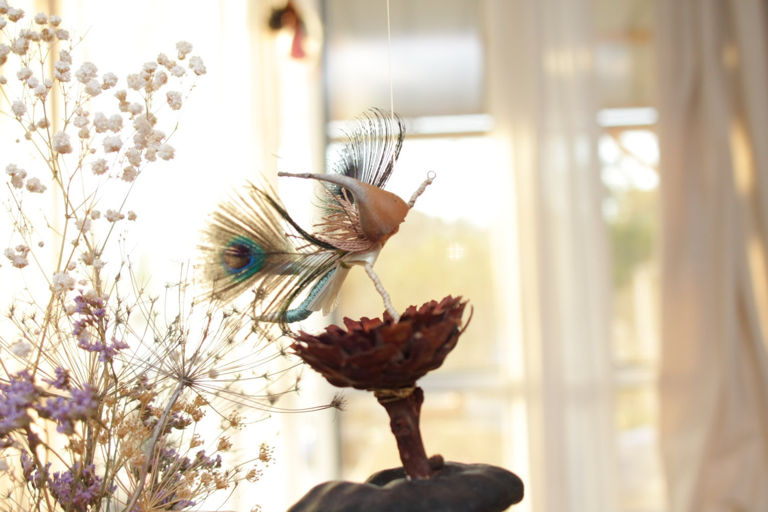 Flower Fairy art doll mobile, Turquoise peacock feather wings, Natural Easter gift, Made to order