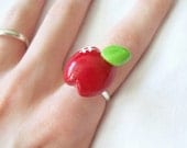 Fruity Red Apple Ring - Handcrafted Polymer Clay Jewelry - Silver Plated, Nickel Free, Lead Free Ring