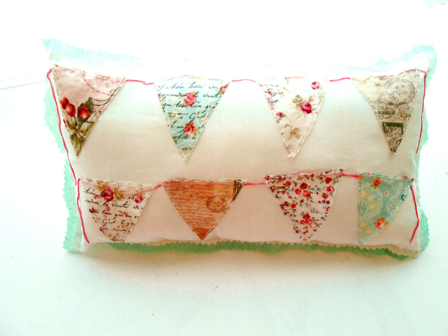 Bunting Pillow, French Script Banner Pillow, Novelty Pillow, Scrap Fabric Flag Pillow, Appliqued Pillow,Spring Pillow, Housewares