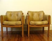 Pair of Vintage Lounge Chairs / Club Chairs Tufted Mid Century Swanky Mid Century Arm Chair Set
