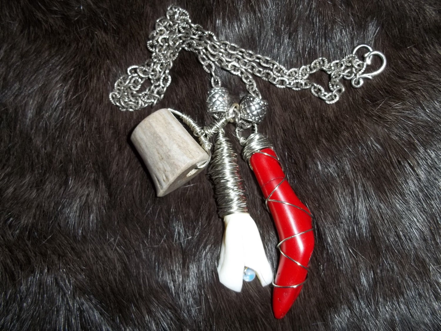 Bone, Coral, and Antler Silver Necklace
