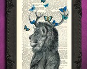 LION with antler dictionary art print - lion with blue butterflies antique book page dictionary art - lion portrait dictionary page