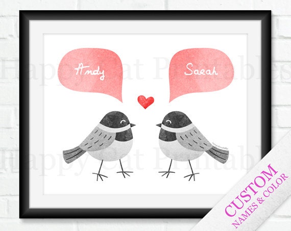 Love Birds Chickadee COUPLE Printable Art Personalized Wall Art Name DIY Wedding Decoration Gift Red Gray Print Custom Home Decor Heart 8x10