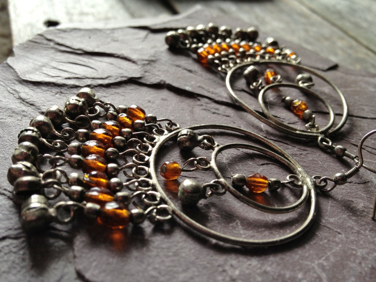 Brown Chandelier Earrings with Bells - Gypsy Bohemian Jewelry